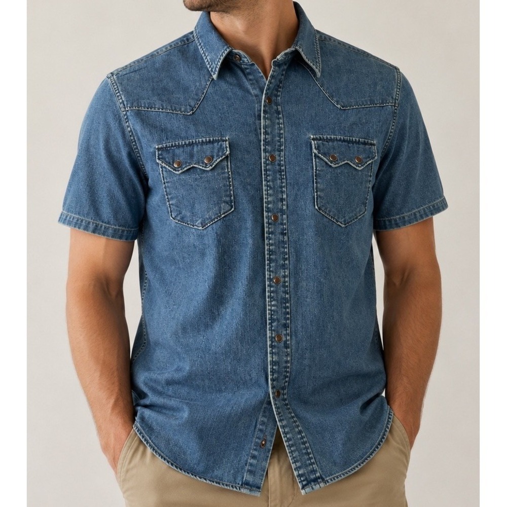 Vintage Polo Ralph Lauren Blue Western Denim Shirt L With Snaps Sawtooth Pockets